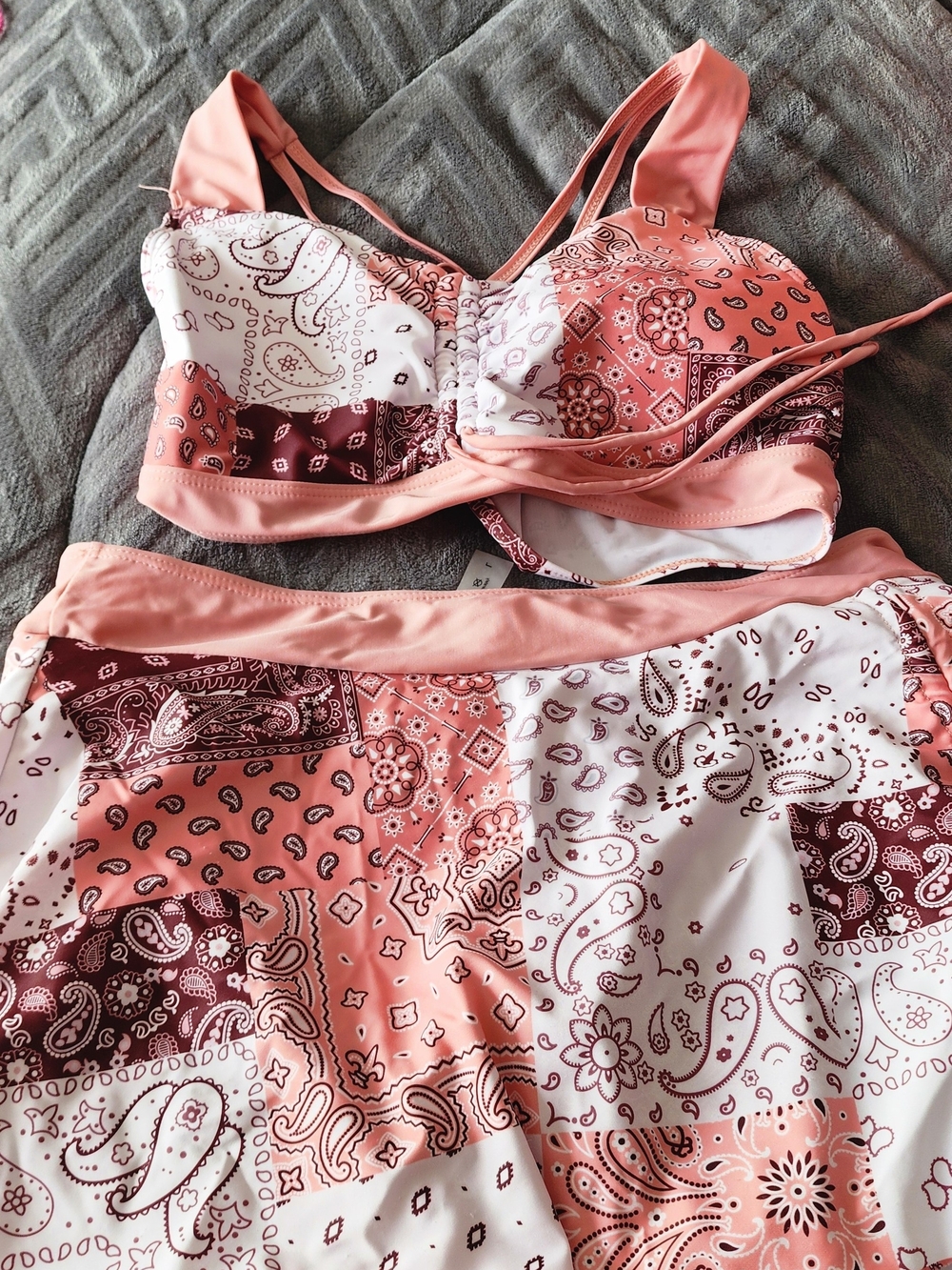 Patchwork Paisley Pink Bralette Swim Top and Skirt Set